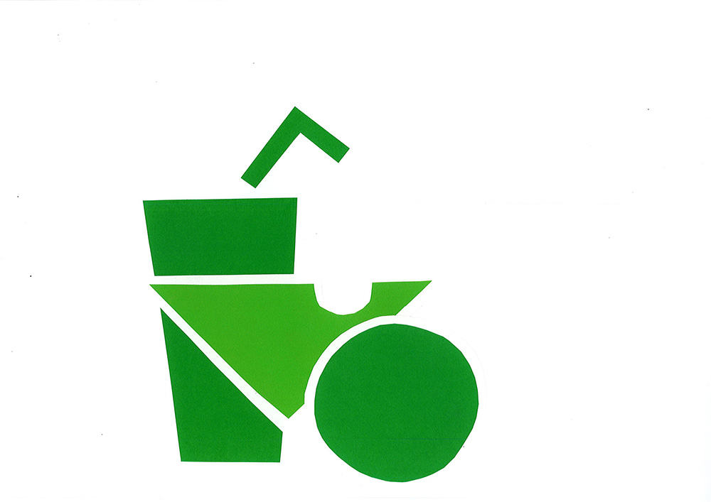 Minimalist illustration of a green drink cup with a straw and a green circular object resembling an apple, made with simple geometric shapes on a white background.