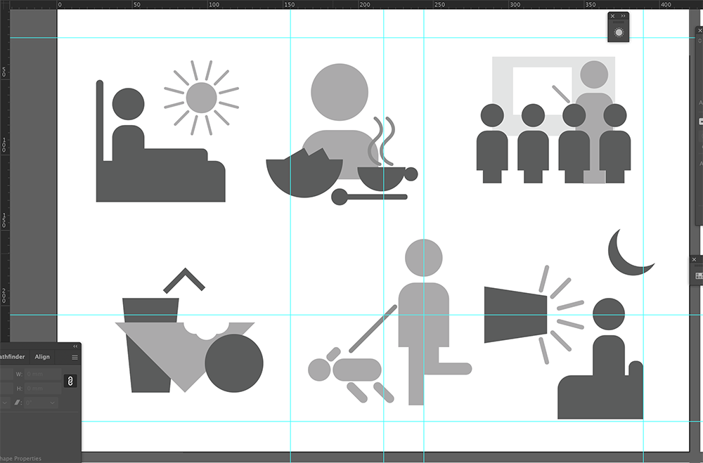 A grayscale storyboard of six scenes: waking in bed at sunrise, eating at a table, attending a class, playing outside, walking a dog, and talking to someone sitting under a night sky. Blue gridlines overlay the image.
