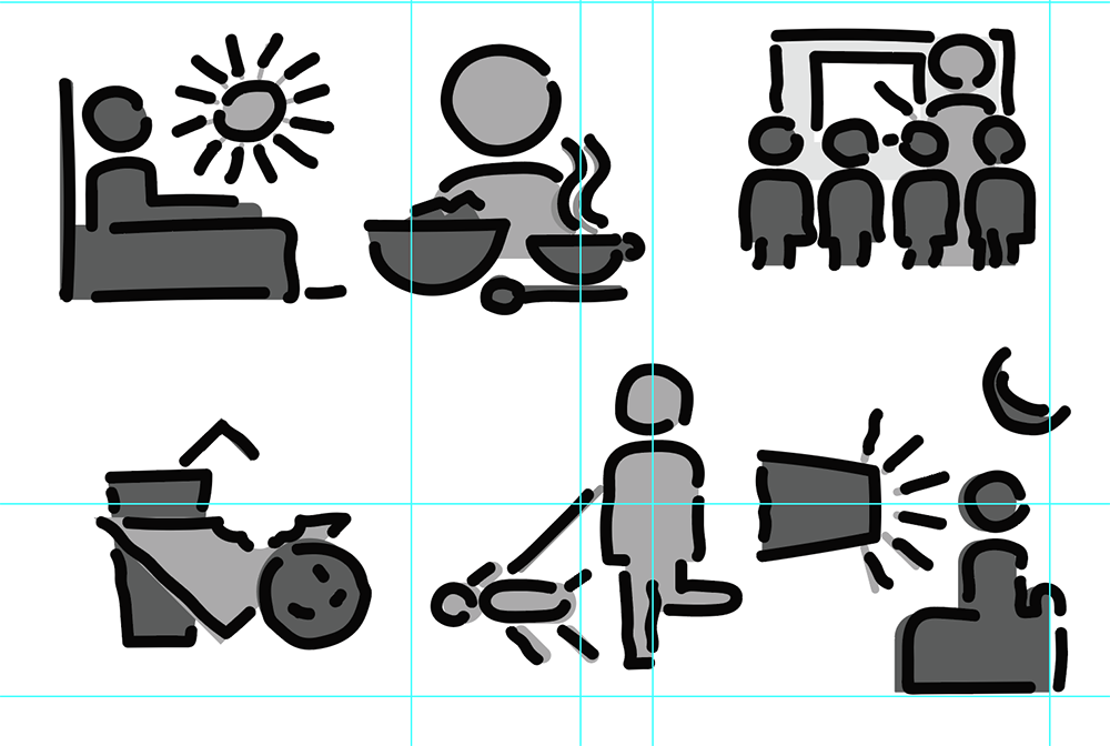 Six black and white icons: waking up in bed with the sun, eating breakfast, attending a class or meeting, taking out the trash, walking a dog, and speaking or reading at night with a crescent moon. Blue grid lines overlay the image.