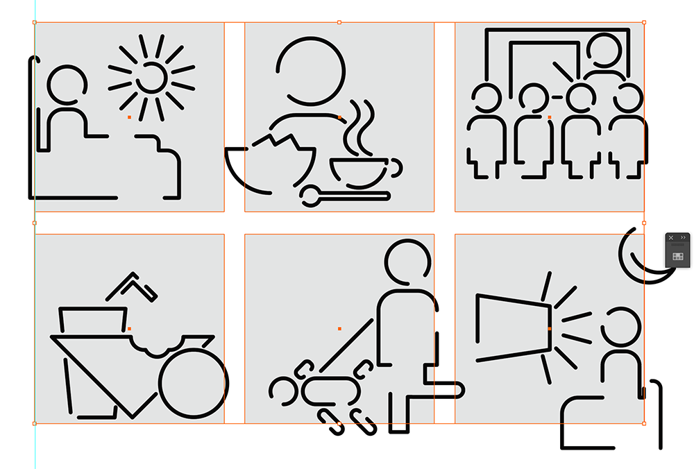 Six black line icons on a grey background show: a person in bed with the sun, eating breakfast, a group in a classroom, a person in a wheelchair at a desk, an adult walking a child, and a person speaking into a megaphone.