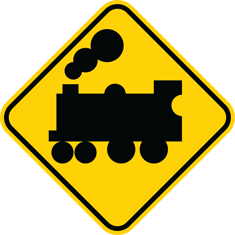 Yellow diamond-shaped railroad crossing sign with a black silhouette of a steam locomotive, indicating a train crossing ahead.
