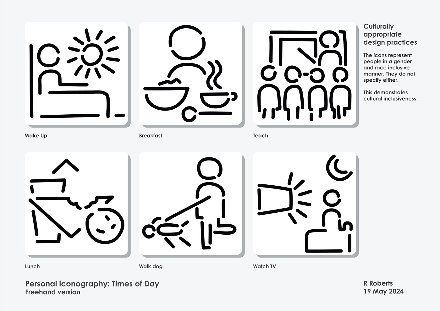 A set of six black-and-white line icons show: waking up, eating breakfast, teaching, eating lunch, walking a dog, and watching TV. A note highlights cultural inclusiveness in the icon designs.