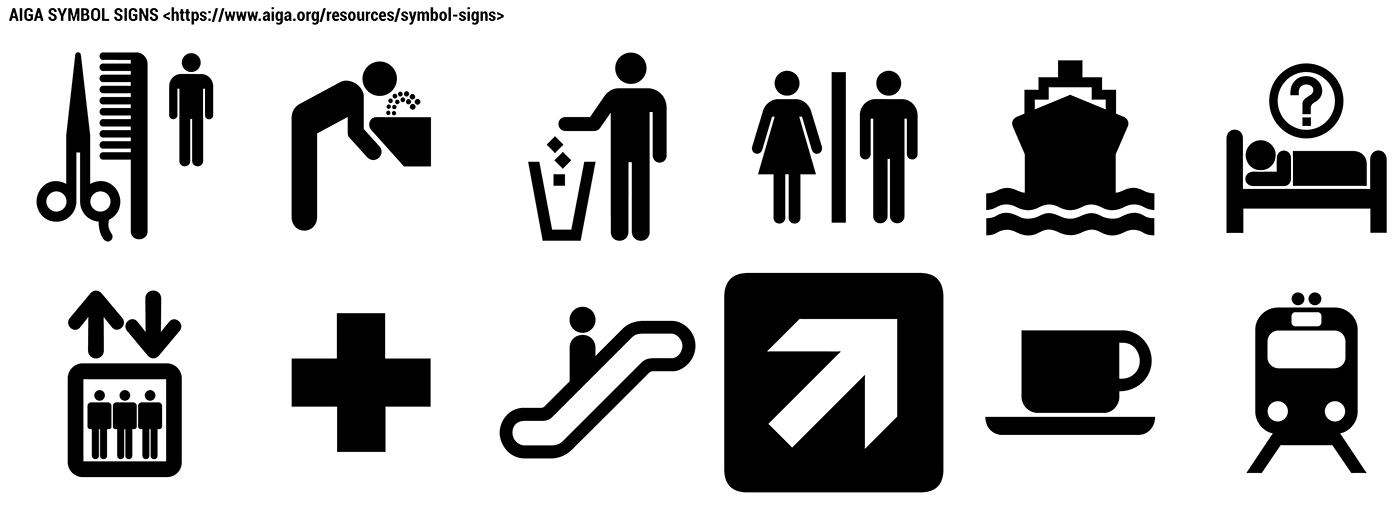 A row of black and white symbols: scissors and comb, hand washing, throwing trash, male and female restroom signs, ferry, help desk, elevator, medical cross, escalator, up-right arrow, coffee cup, and a train.