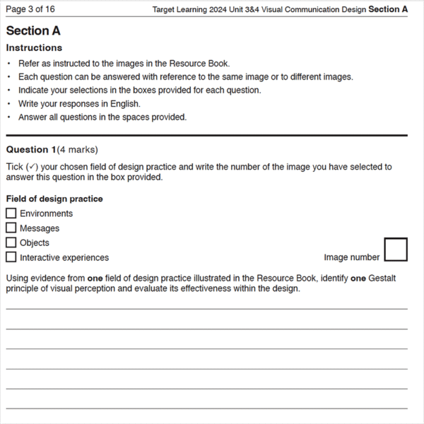 The 2024 VCD Unit 3 & 4 Trial Examination features a printed page with instructions, design field tick boxes, space for an image number, and lines for written responses.
