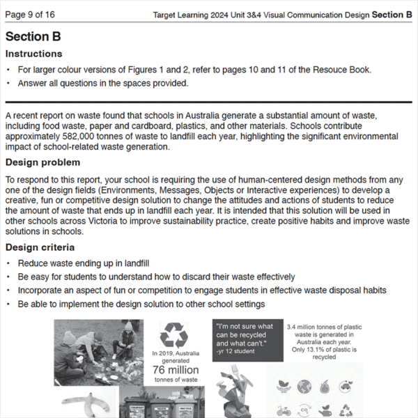A worksheet page from the 2024 VCD Unit 3 & 4 Trial Examination features text on Australian waste, design problem instructions, criteria, and an infographic showing 76 million tonnes of waste in 2019 with icons for streams and landfill.