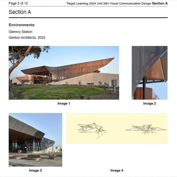A modern building with angular metallic roofs and large glass windows at Glenroy Station is shown with an architectural sketch—perfect inspiration for the 2024 VCD Unit 3 & 4 Trial Examination Visual Communication Design.
