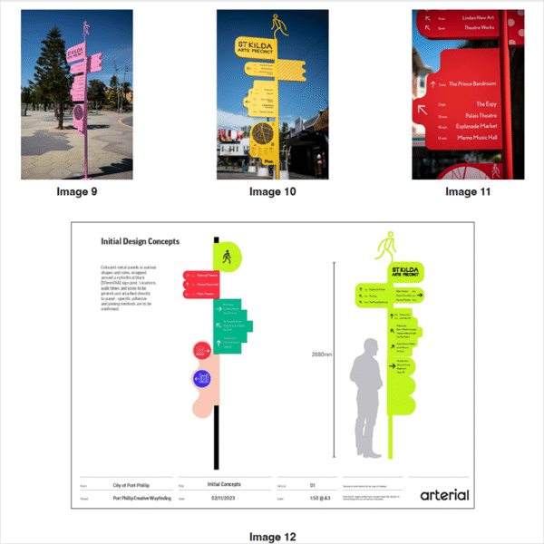 Four images display colorful pedestrian signposts with bold, clear text and icons in urban settings. The final image highlights initial concepts and measurements from the 2024 VCD Unit 3 & 4 Trial Examination for signage design.