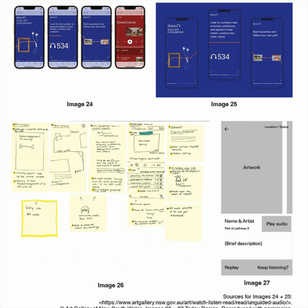 Four images: two smartphones with museum app screens (Images 24, 25) from the 2024 VCD Unit 3 & 4 Trial Examination; hand-drawn wireframes on sticky notes (Image 26); and a mobile interface showing artwork details and audio options (Image 27).