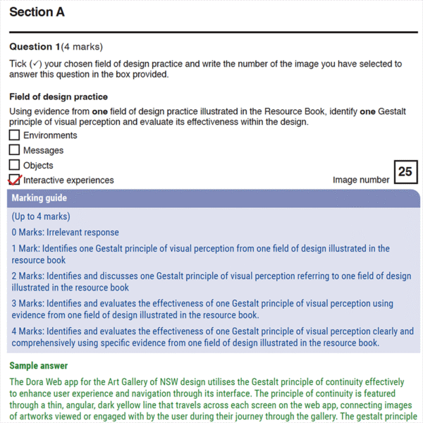 Section A of the 2024 VCD Unit 3 & 4 Trial Examination asks students to identify a Gestalt principle in a design resource, including a marking guide and sample answer analyzing continuity in Dora Web apps navigation flow.