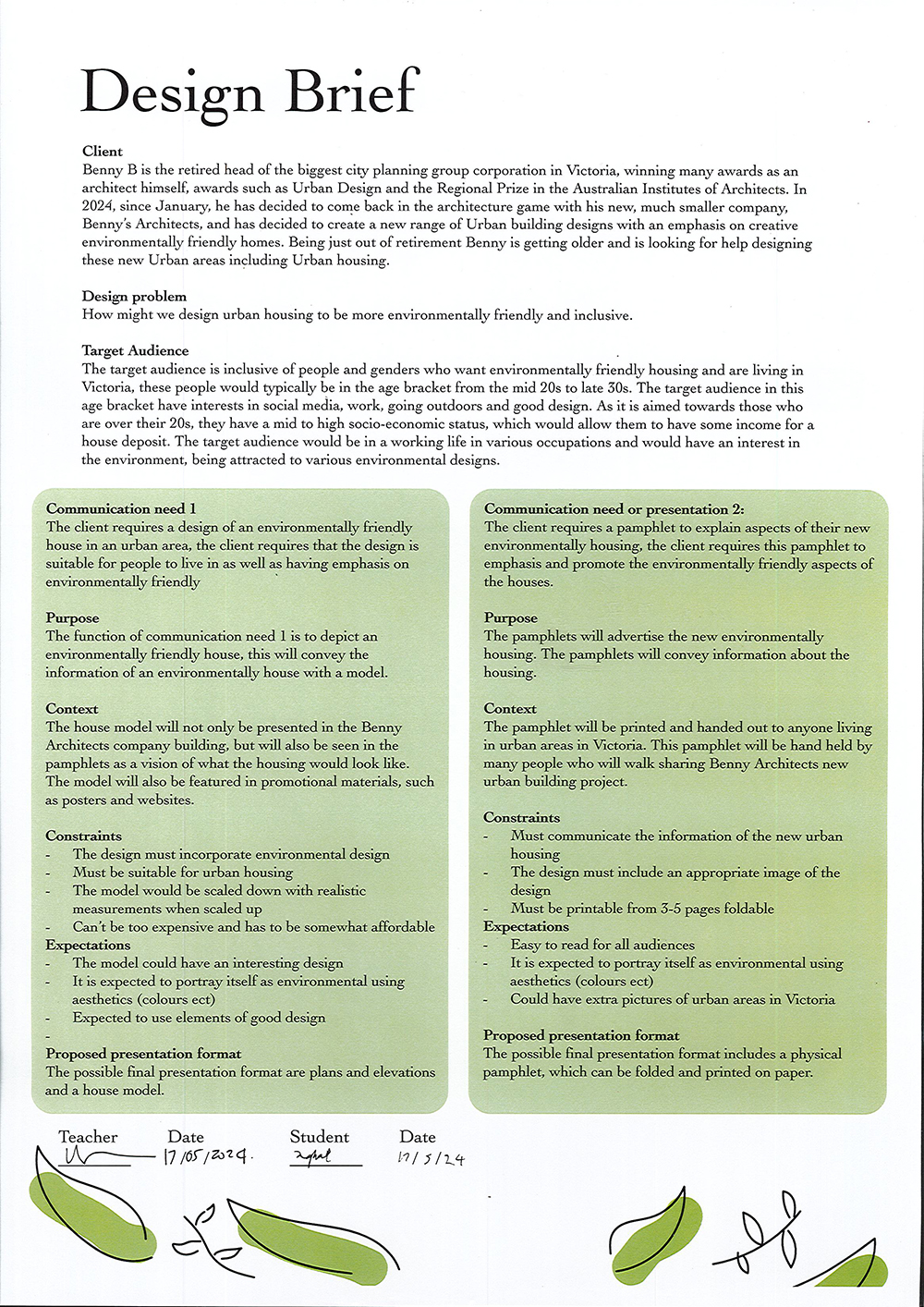 A printed design brief with green accents outlines two separate environmentally friendly housing proposals, including tasks, target audiences, and schedules. There are signatures, dates, and leaf illustrations at the bottom.