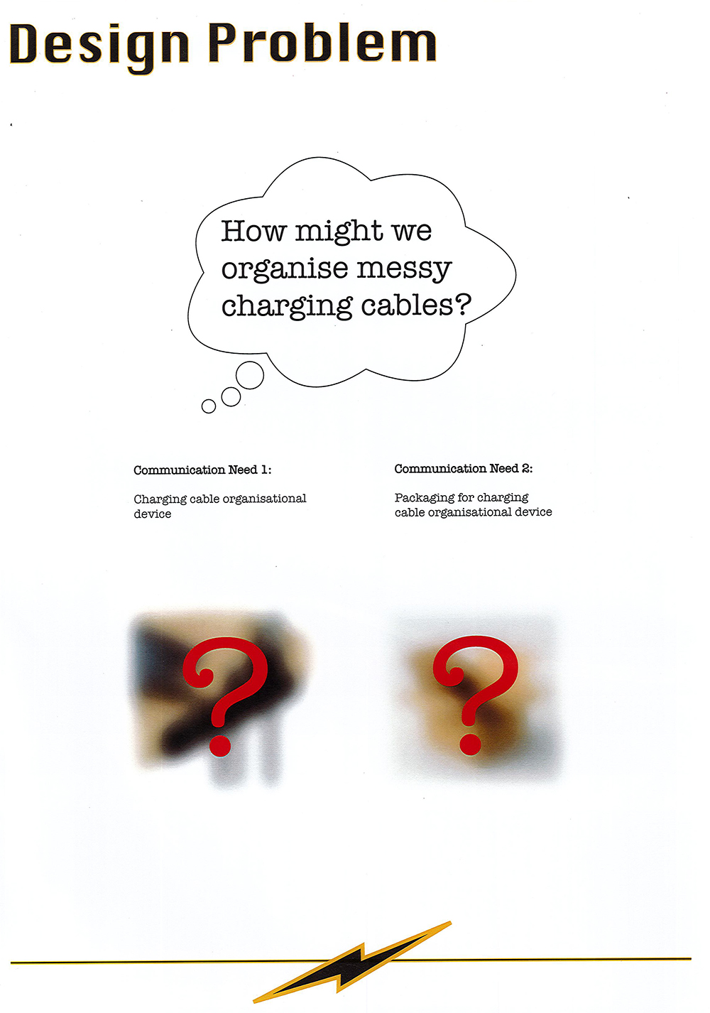 A design problem poster asks, “How might we organise messy charging cables?” It lists two needs: a charging cable organisational device and its packaging, each illustrated with a blurred image and a red question mark.