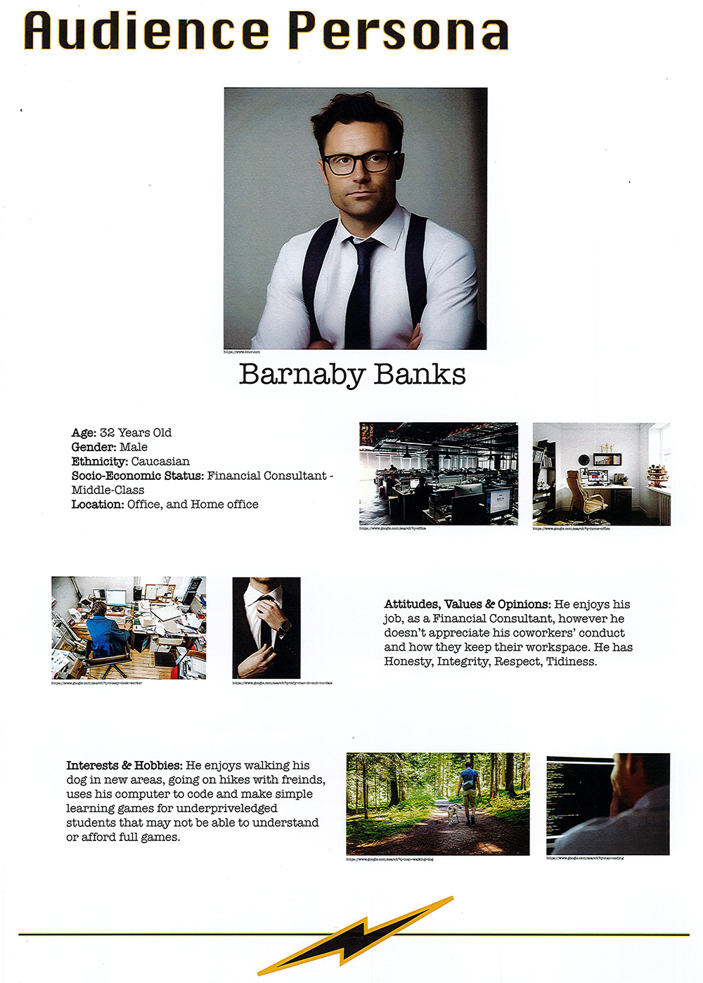 A professional audience persona profile for Barnaby Banks, a 32-year-old male financial consultant. The layout features his photo at the top and details about his work, interests, values, and demographic info below.