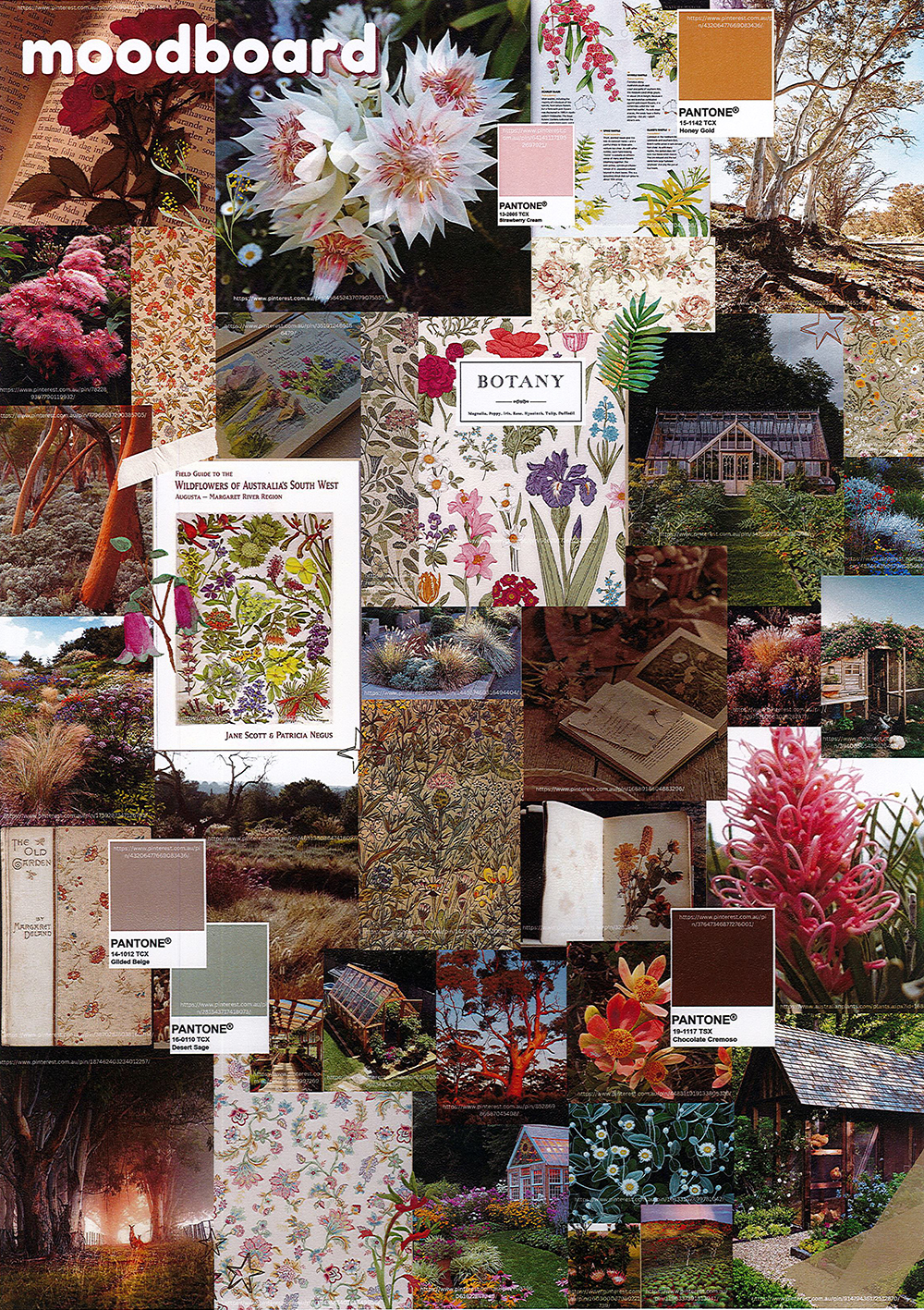 A collage moodboard featuring botanical illustrations, blooming flowers, garden scenes, rustic books, color swatches, and Pantone samples in earthy and floral tones, evoking a natural, vintage, and serene garden aesthetic.