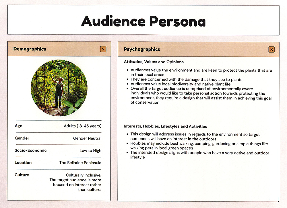 A persona profile features demographics and psychographics for an outdoor-focused audience, including an adult looking up at trees, details on age, gender, location, values, and interests related to nature and environmental design.