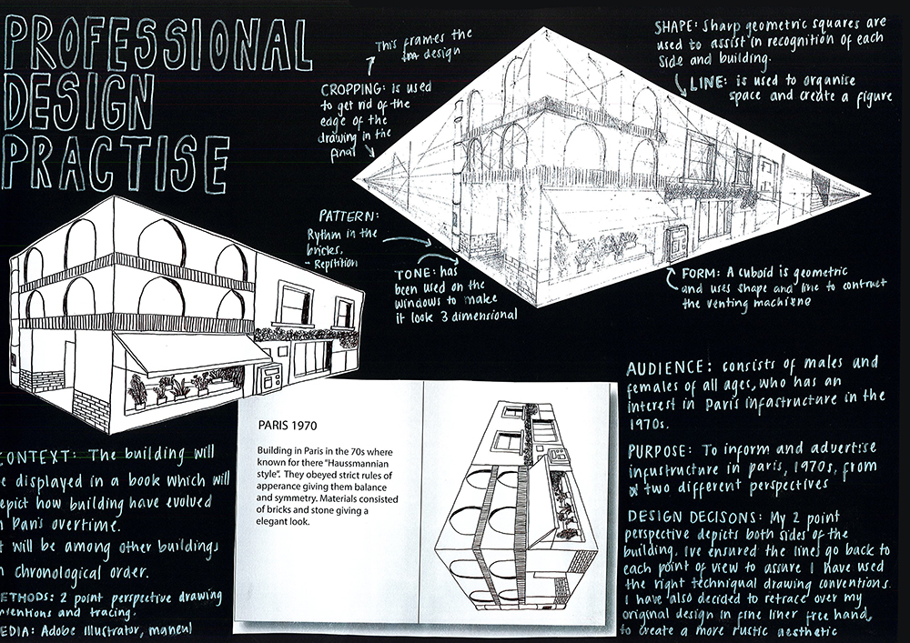 A chalkboard-style design board displays architectural sketches of a building, annotated with notes about shape, pattern, tone, audience, context, and purpose next to an open book showing a similar building sketch.