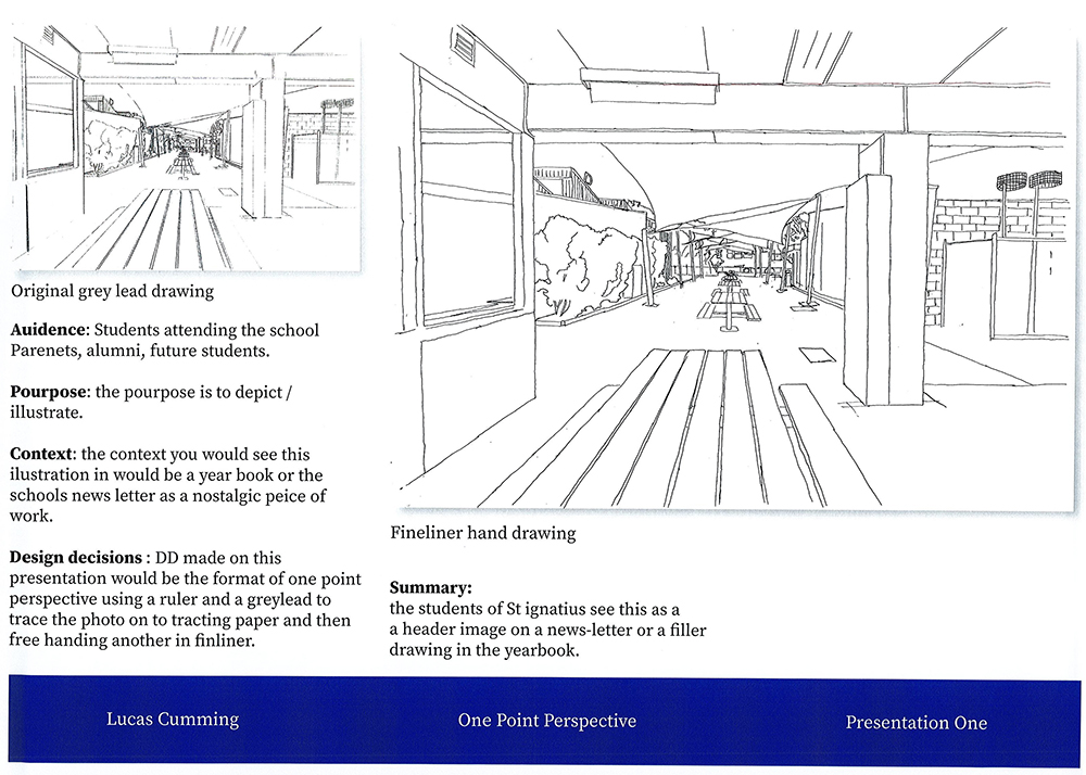 A comparison of a grey lead draft and a fineliner hand drawing of a school corridor in one-point perspective, with descriptive text about purpose, context, and design decisions below each image.