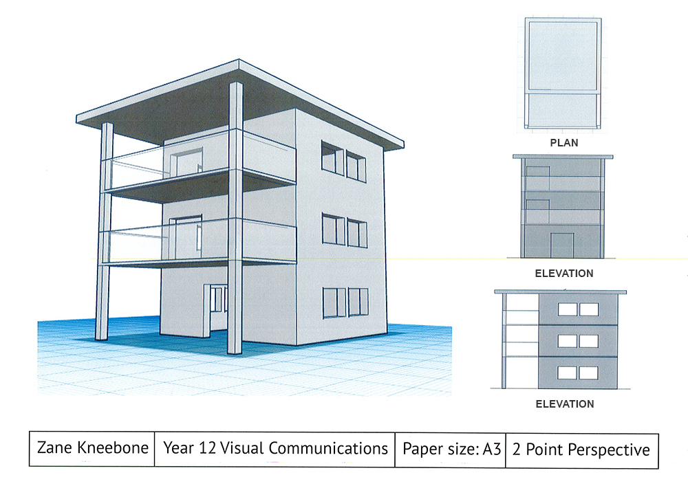 A 3D two-point perspective drawing of a modern three-story building with two elevation views and one floor plan. Labeled with the student name, subject, paper size (A3), and drawing type (2 Point Perspective).