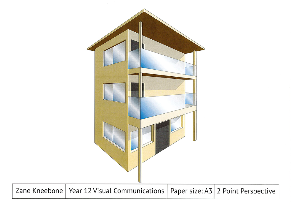 A three-story modern building drawn in 2-point perspective with large windows and balconies, labeled as a Year 12 Visual Communications project by Zane Kneebone on A3 paper.