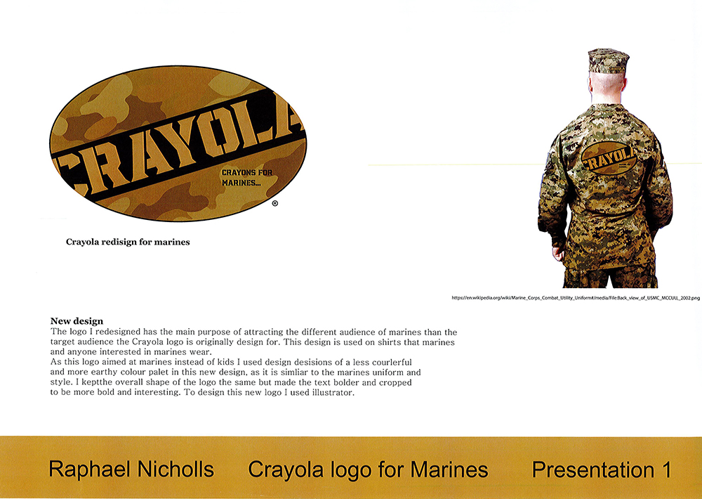 A redesigned Crayola logo in camouflage colors appears on a marines uniform back and a close-up logo. Text explains the design aims to appeal to marines, featuring uniform-inspired elements and reduced color.