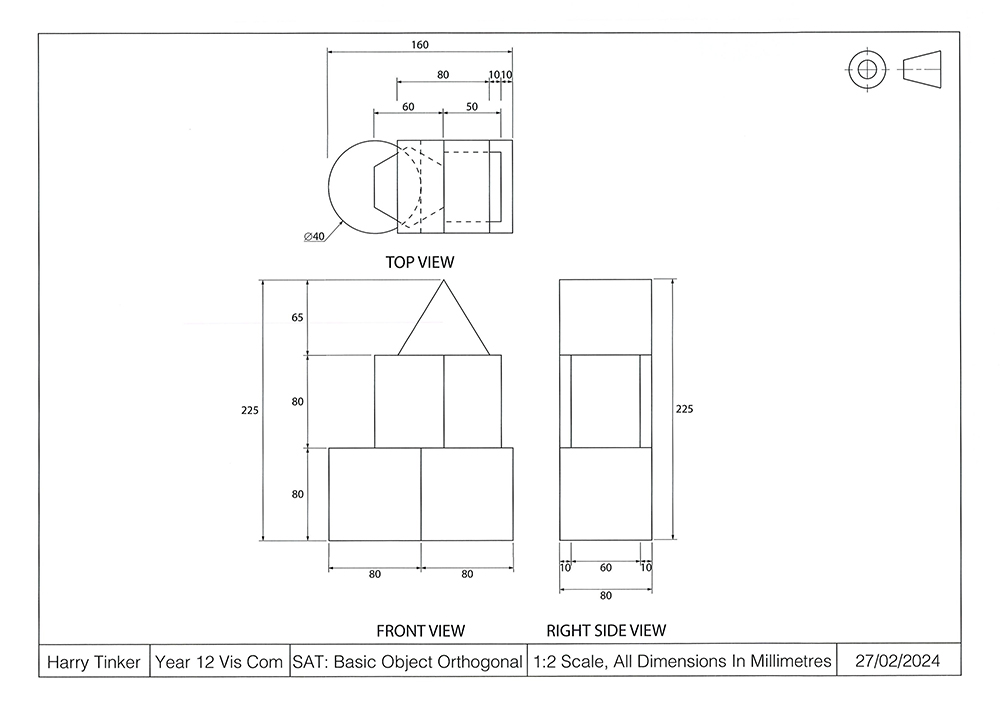 Orthogonal drawing of a geometric object showing top, front, and right side views with all dimensions in millimeters. Title block at the bottom lists project and student details.