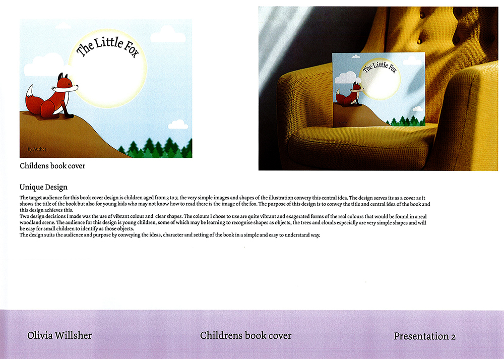 A children’s book titled “The Little Fox” with a cover showing a cartoon fox on a hill under a big sun. The book is displayed on a mustard-yellow armchair. Text about the book’s unique design is shown below the image.