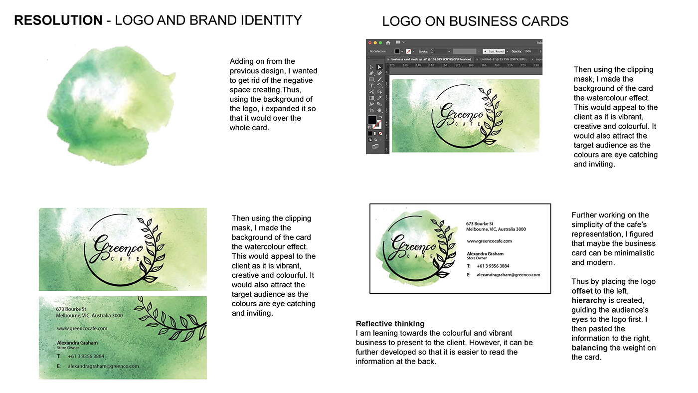A design process board shows the development of a green watercolor logo, its placement on business cards, and accompanying text explaining design choices, use of clipping masks, and considerations for clarity and brand consistency.