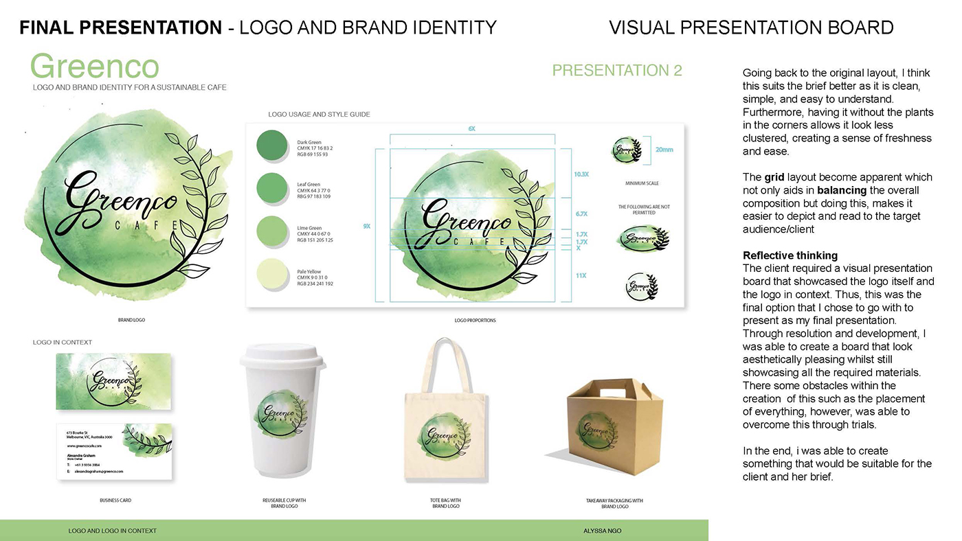 A visual presentation board for Greenco Café showing a watercolor logo, color palette, font options, and mockups on a coffee cup and tote bag, with text explaining the logo design and reflective thinking.