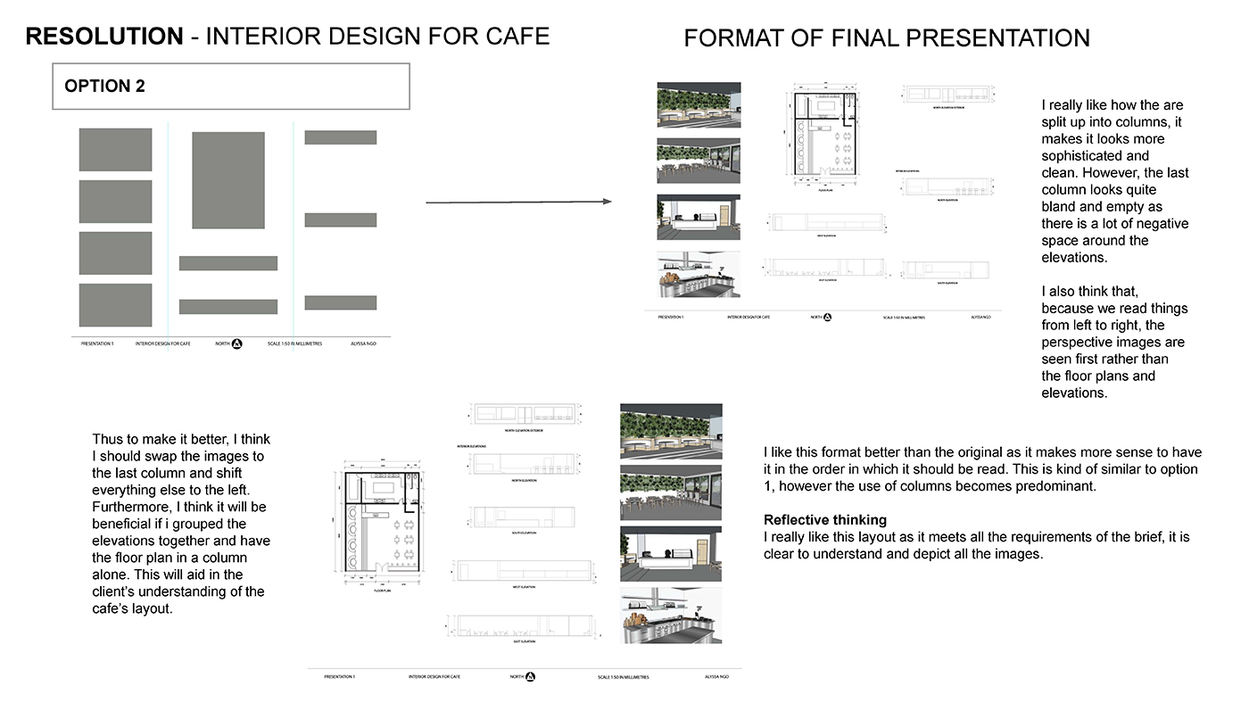 A presentation board shows two layout options for a cafe interior design project, including annotated floor plans, elevations, and perspective images, with columns of text offering feedback and reflective comments on the layout choices.