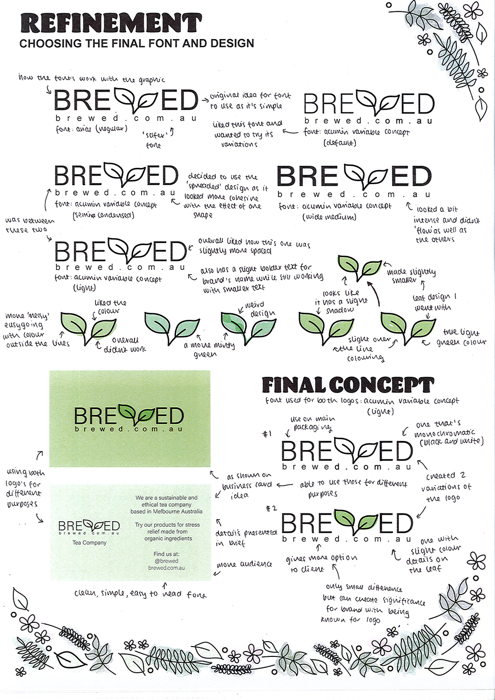 A page titled Refinement displays logo design iterations for Brewed, featuring different fonts and leaf graphics above the W. Notes critique each version. At the bottom, the Final Concept logo is selected and shown on a green background.