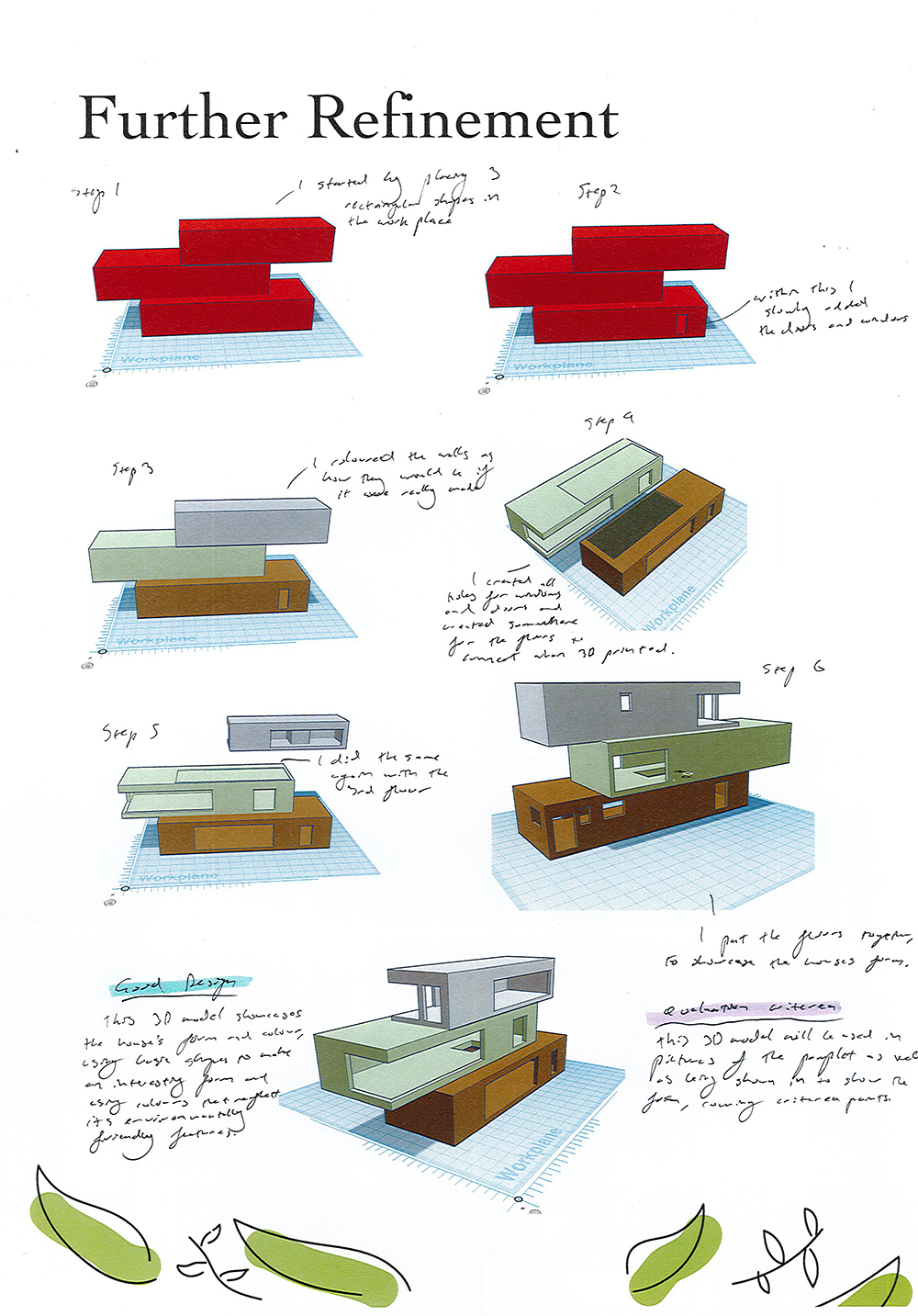 A step-by-step architectural design process illustrated with 3D models, handwritten notes, and sketches, showing the refinement of a modern building concept. Green pea pod drawings border the page at the bottom.