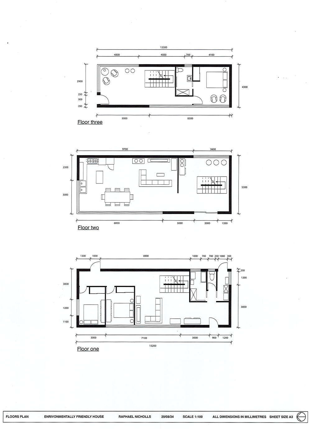 Black and white floor plan of a three-story, environmentally friendly house, showing detailed layouts for each floor, including living areas, kitchen, bedrooms, bathrooms, stairs, and furniture placement with measurements in millimeters.