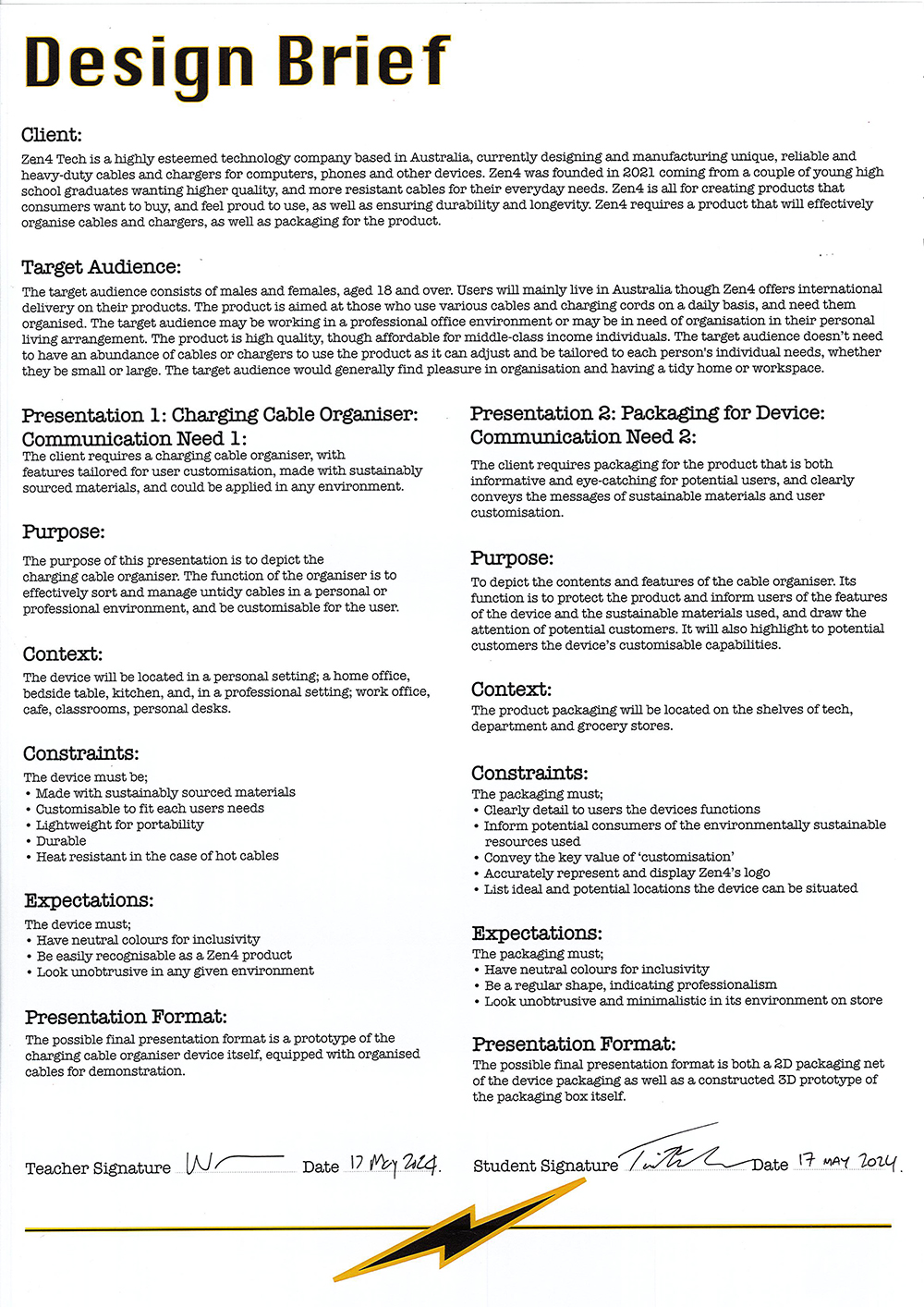 A printed design brief document for a product called Cord Sens. The page includes sections on target audience, product needs, presentation outlines, teacher and student signatures, and a yellow Design Brief heading.