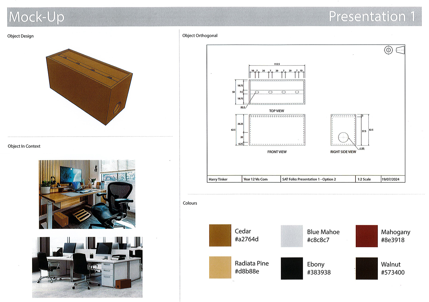 A mock-up presentation board showing a brown rectangular box design, technical drawings with dimensions, photos of the object in an office setting, and a color palette with wood and paint swatches.