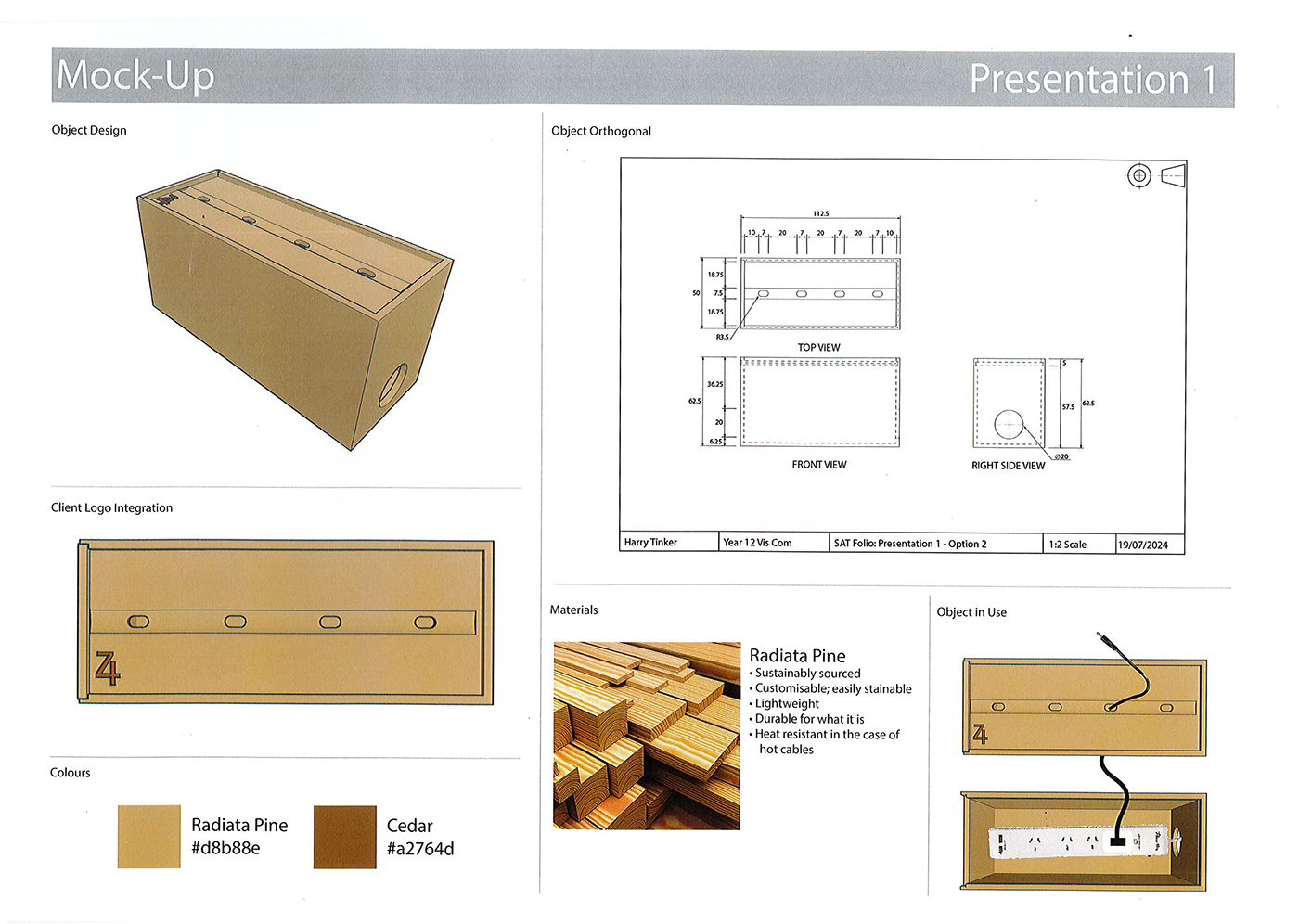A presentation board shows a rectangular wooden box mock-up with technical drawings, material samples, color options, and a diagram of logo placement and cable use. Materials include Radiata Pine and Cedar in natural hues.