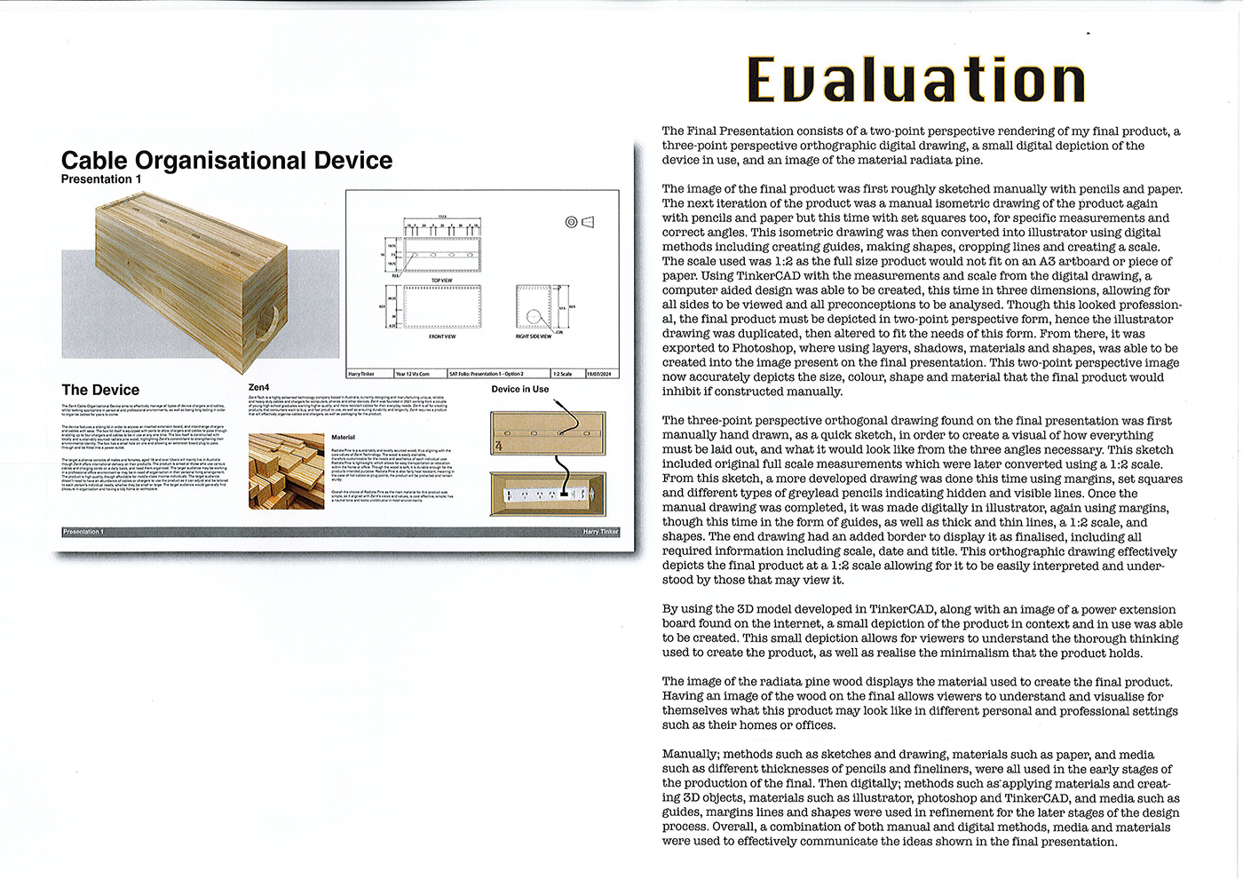 An evaluation of a cable organizational device is shown, featuring a rendered image, technical drawing, annotated diagram, and a descriptive block of text about design and presentation. The right side displays a detailed written evaluation.
