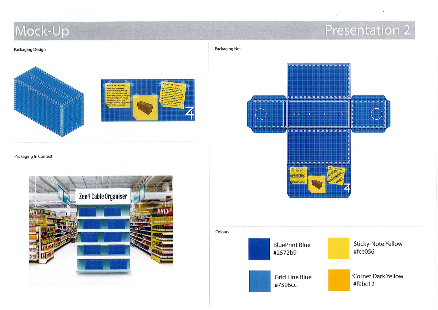 A mock-up of a blue Zenit Cable Organiser packaging design, shown as a flat net and assembled box, displayed on a store shelf. Colour swatches and codes for blue and yellow are included.