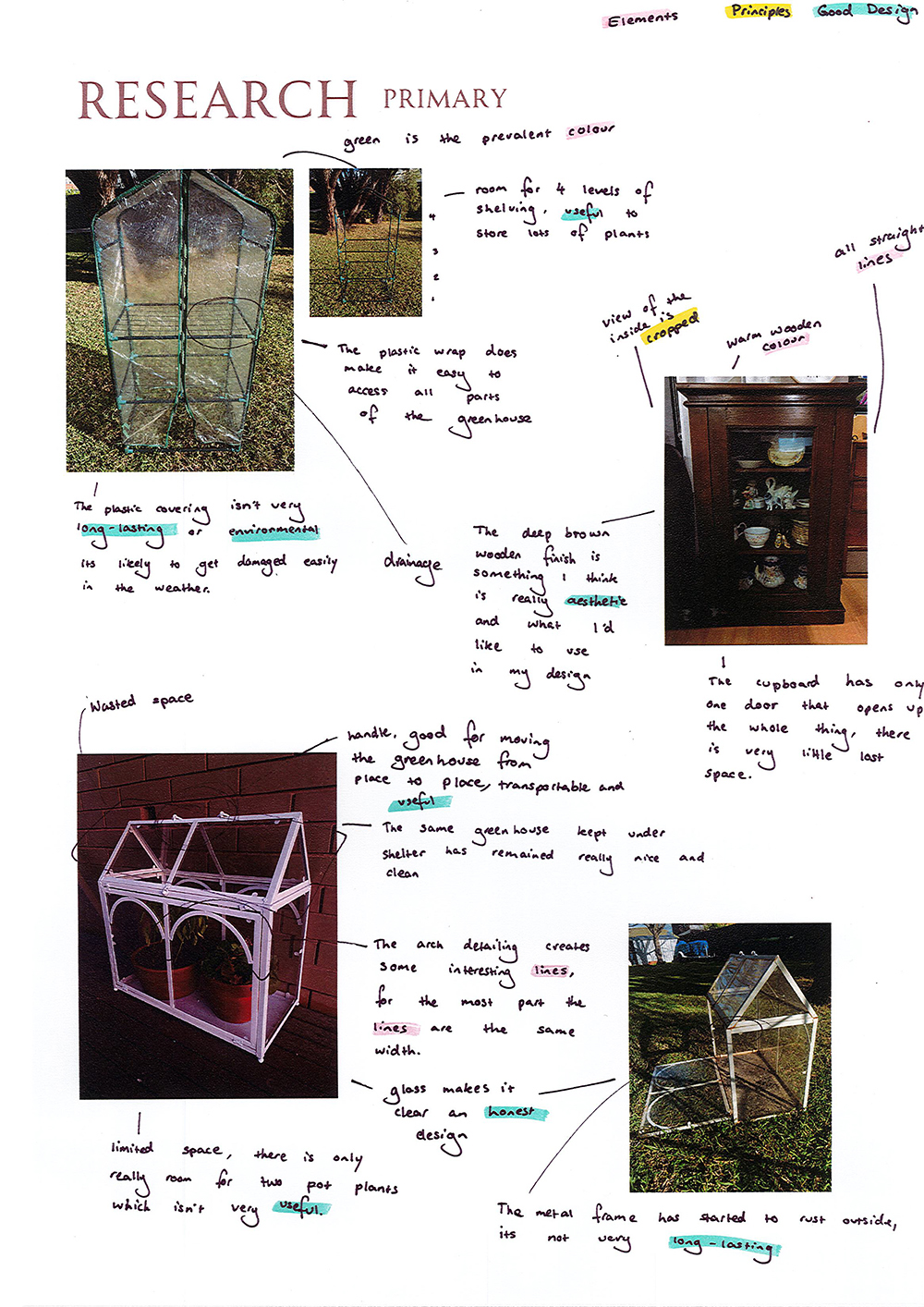 A research page features images and handwritten notes analyzing various greenhouses and a cupboard, discussing materials, strengths, weaknesses, ventilation, drainage, and space for growing plants.