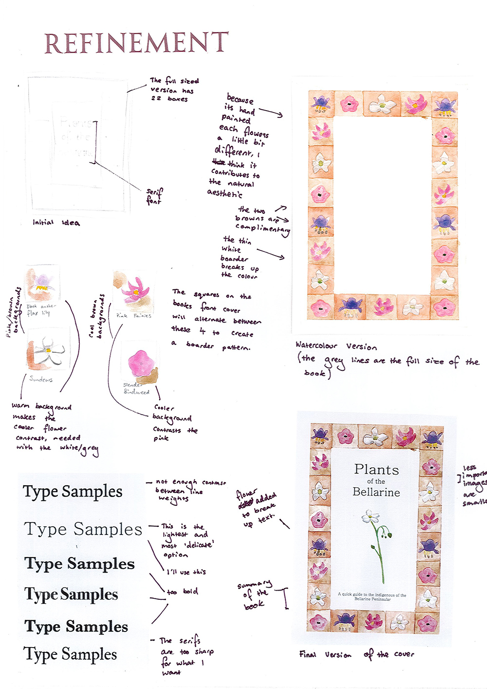 A design refinement sheet with sketches, annotated notes, color swatches, type samples, and two floral-themed book cover mockups, one with a full border and another with a centered flower illustration.