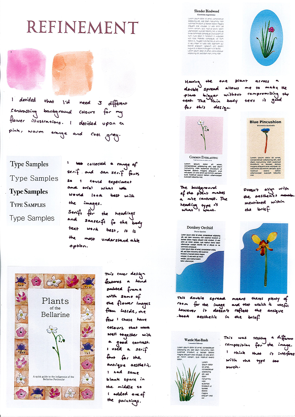 A design board with handwritten notes, color swatches, type samples, and six illustrated plant descriptions, titled REFINEMENT. The layout shows ideas for backgrounds, fonts, and presentation of plant information.