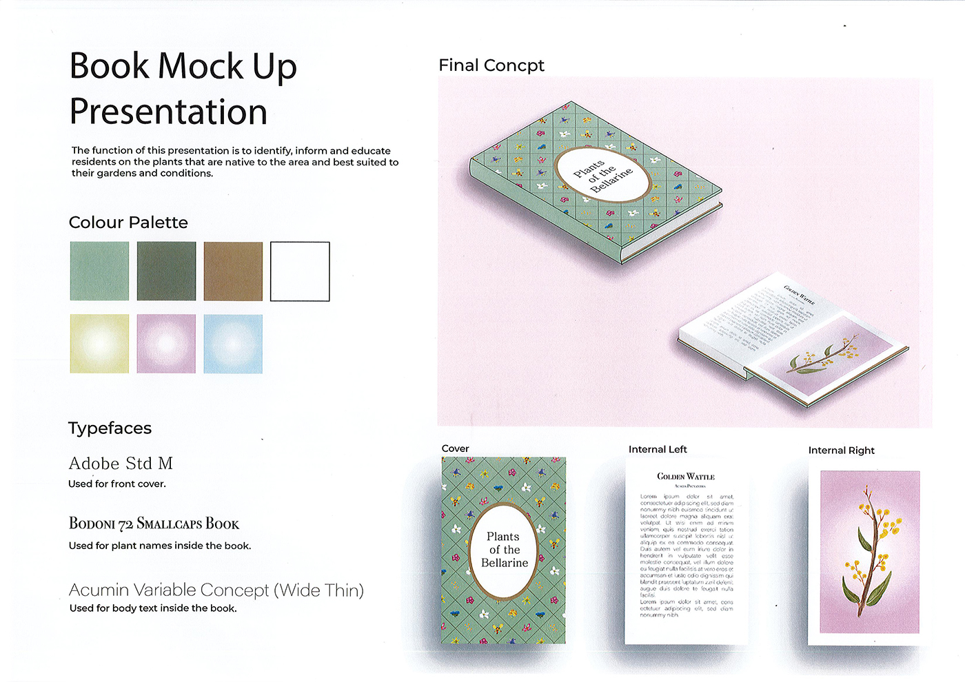 Book mockup presentation showing a pastel color palette, typefaces, and a sample book layout. Includes images of the cover and internal pages for a book titled Plants of the Bellarine with floral illustrations.