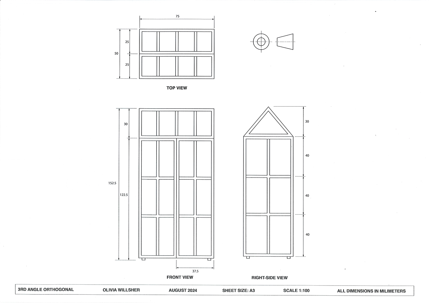 Technical drawing of a rectangular cabinet with glass-paneled doors, shown in top, front, and right-side views. The right side features a triangular roof. Dimensions and scale information are noted.