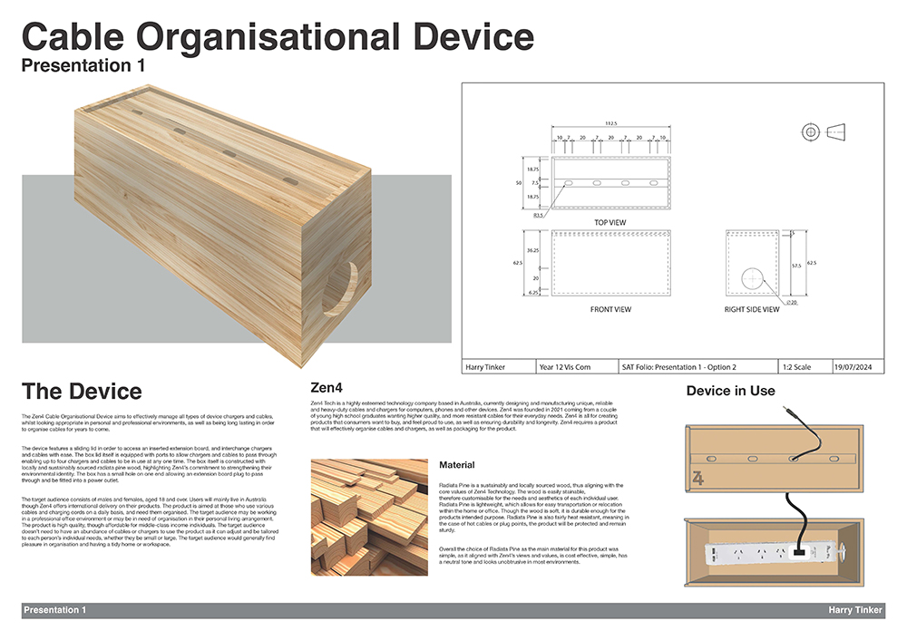 A presentation board showing a wooden cable organizational box with technical drawings, dimensions, a description of materials, and diagrams demonstrating how the device holds a power strip and organizes cables.