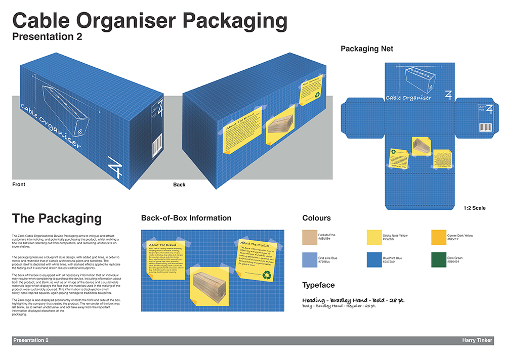 A blue cable organiser packaging design is shown with labeled panels, unfolded net diagram, color palette, typeface choices, and back-of-box information, all set on a white background with design notes.