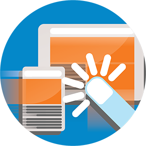 Illustration of a tablet and a smartphone with orange screens, next to a blue finger icon and white lines suggesting a tap or click action. The background is blue.