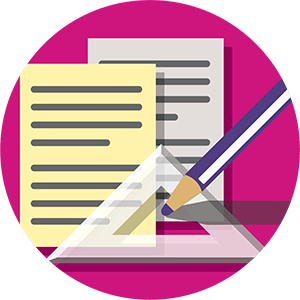 Illustration of a pencil writing on paper with a triangular ruler in front, a typed document behind, all set against a bright pink background.