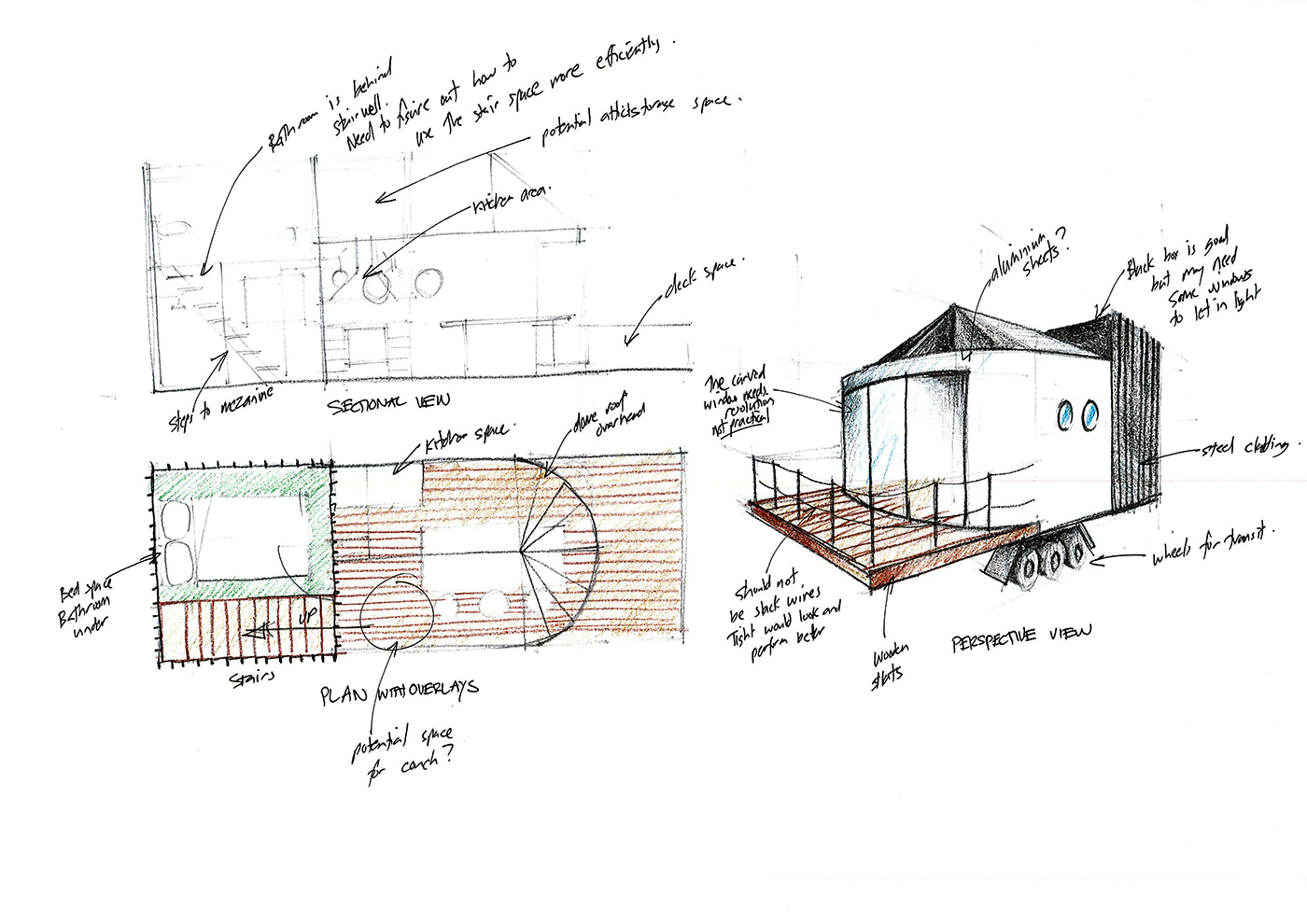 Hand-drawn architectural sketches of a tiny house on wheels, showing a floor plan, a sectional view, and a perspective view with notes detailing space usage, potential changes, and interior/exterior features.