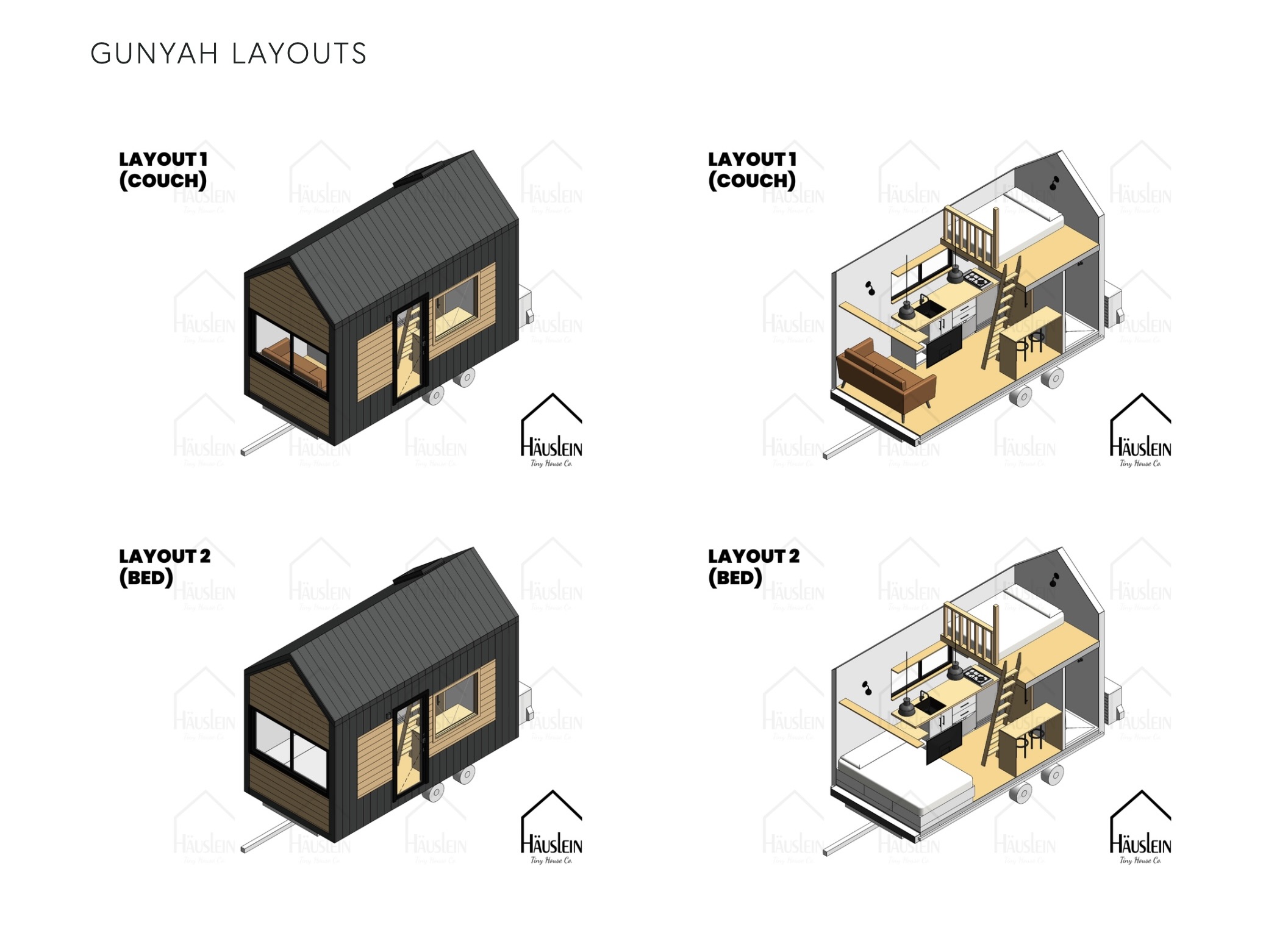 Four illustrated floor plans of a tiny house, showing two external views and two interior layouts: one with a couch and one with a bed, each featuring kitchen, bathroom, and living spaces. Text reads Gunyah Layouts and Hauslen.