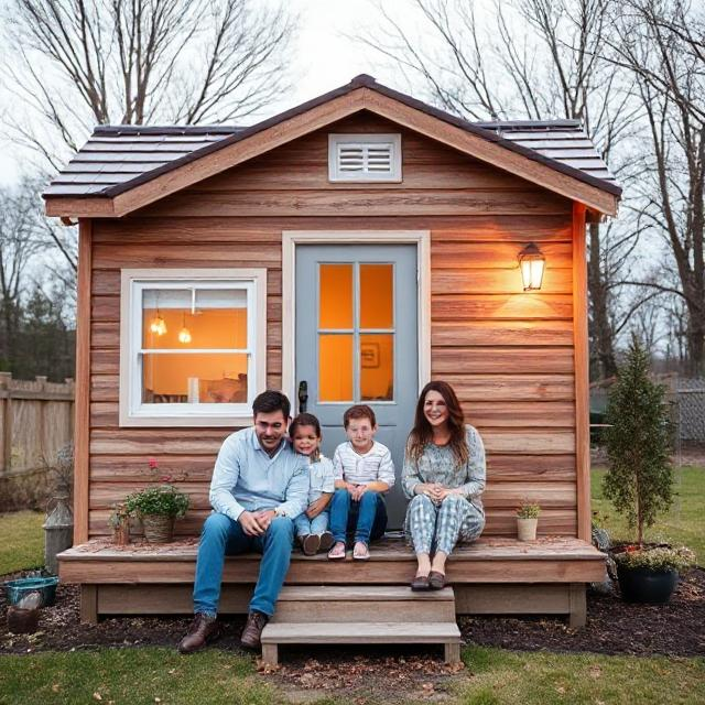 A family of four, two adults and two children, sits smiling on the steps of a small wooden house in a yard with trees and a fence in the background, during early evening.