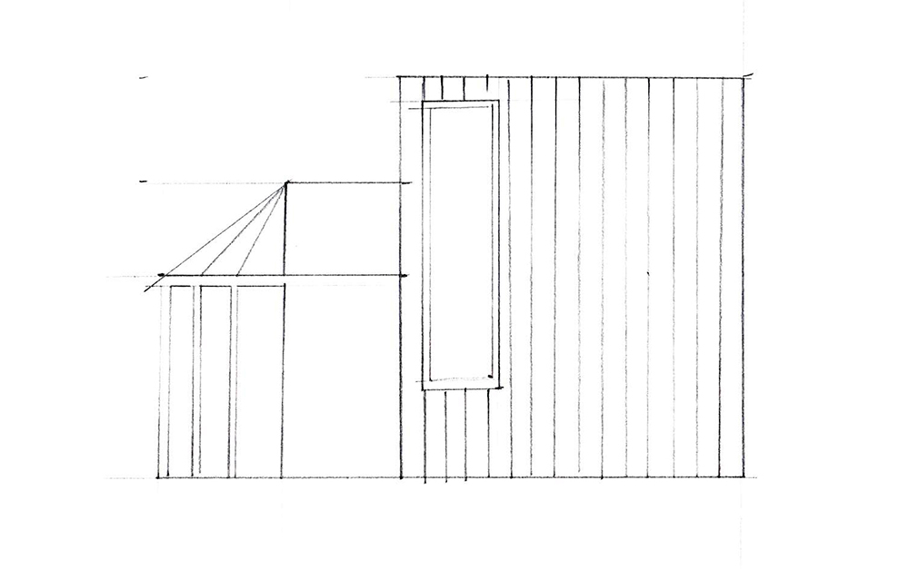 A simple line drawing of a building with vertical siding, featuring a tall, narrow window on the right section and a slanted roof over the left section.