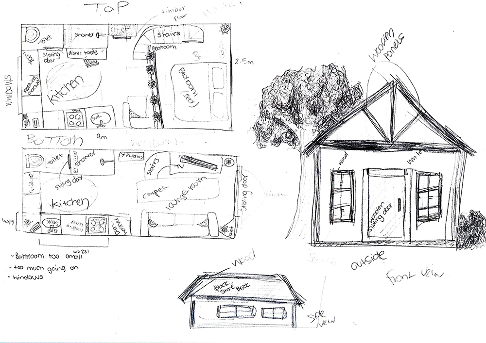 Hand-drawn sketches show two house floor plans labeled Top and Bottom, with rooms and furniture marked, plus exterior views of the houses front and side, and a tree next to the house. Annotations label rooms and features.